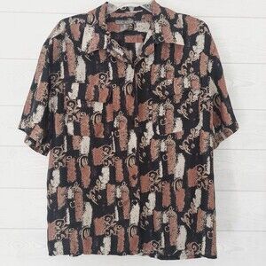 Silk Icon Men's M Short Sleeve Button Down Vintage Allover Print Black